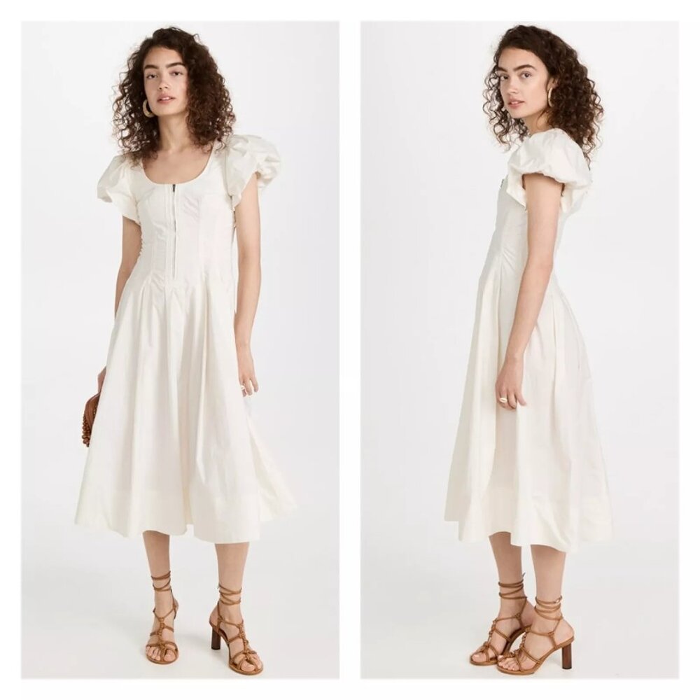 ULLA JOHNSON | Malie A Line Midi Dress White Puff Sleeve Half Zip Classic